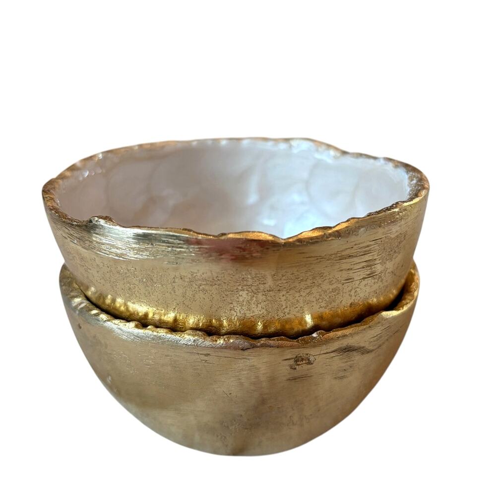 White Mother of Pearl Capiz Shell Gold Metal Bowl Set of 2 Made in India 5in NEW